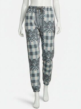 Stellae Dux Women's Blue Patchwork Fleece Drawstring Jogger Pants Size-Large